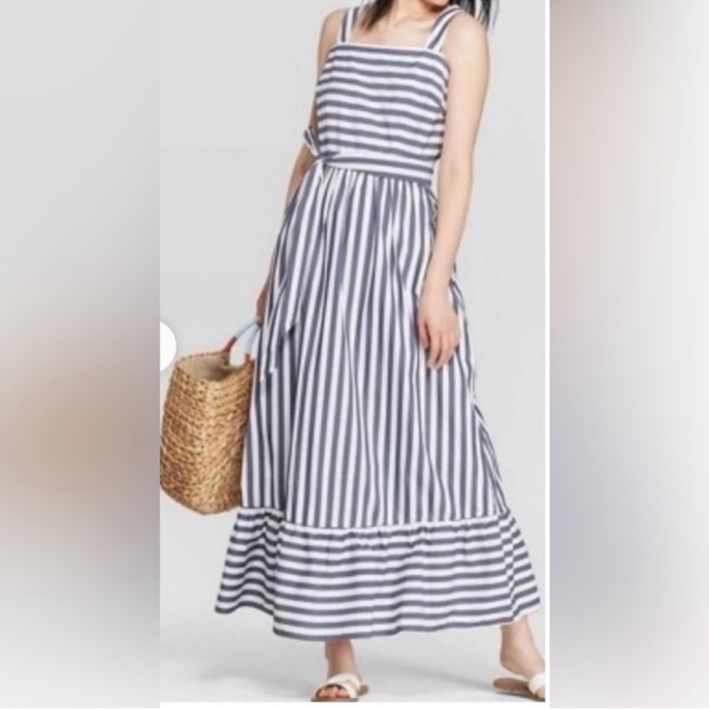 a new day Navy Blue and White Striped Maxi Dress Adjustable Straps and Waist Tie